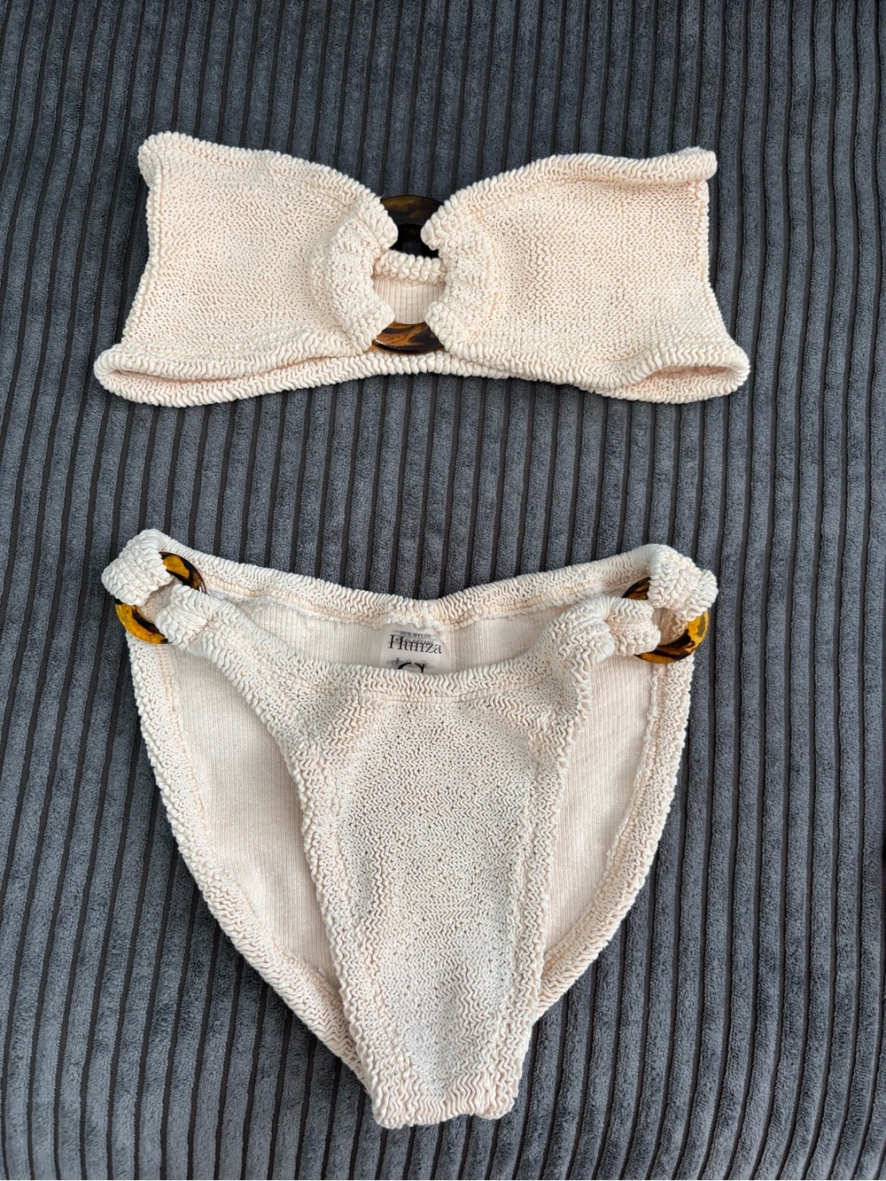 Hunza G Cream Terry Bandeau Bikini with Tortoise Ring Accents